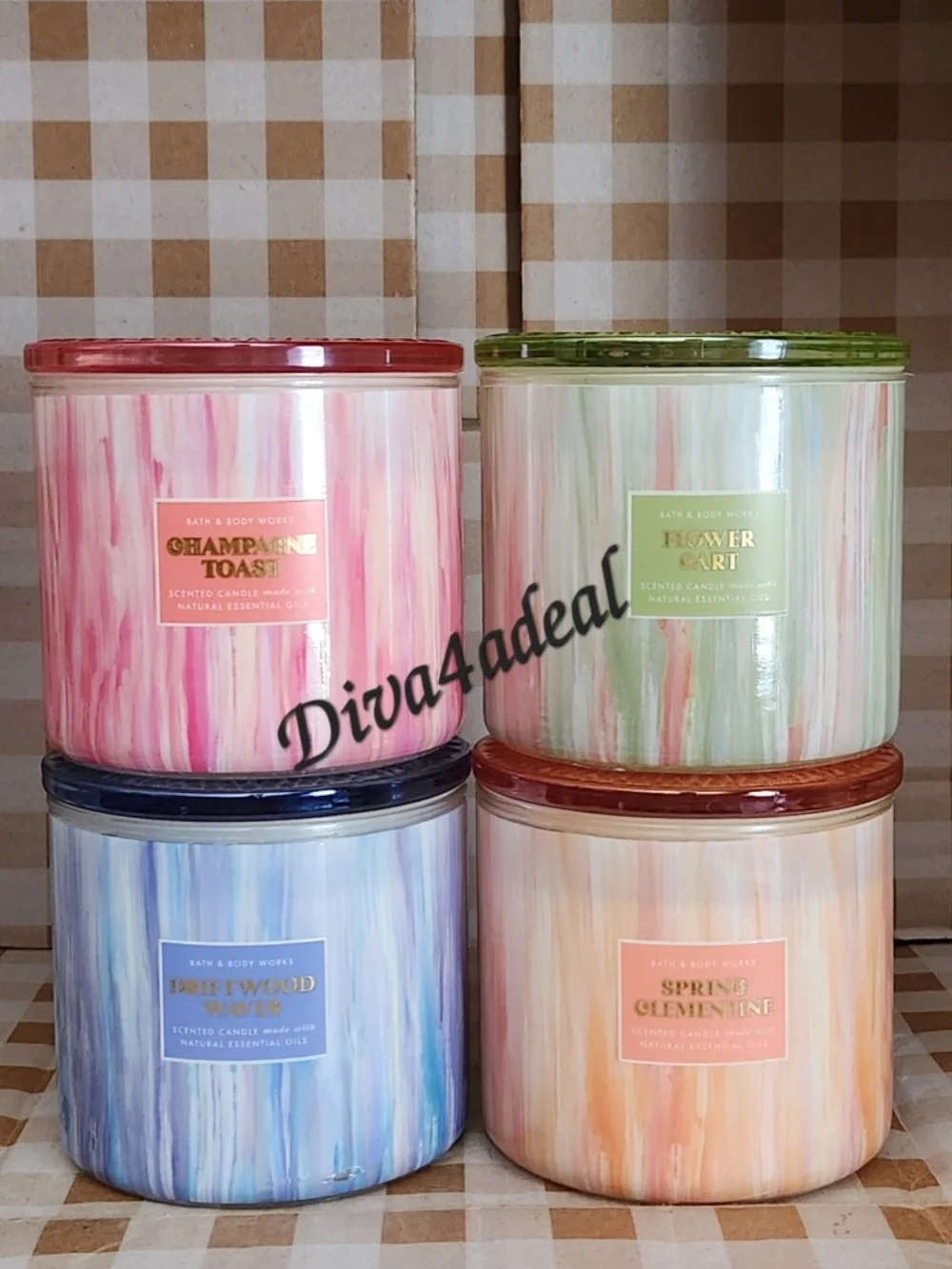 4x New Bath & Body Works 3-Wick Scented Candles W/Glass Lid Bundle